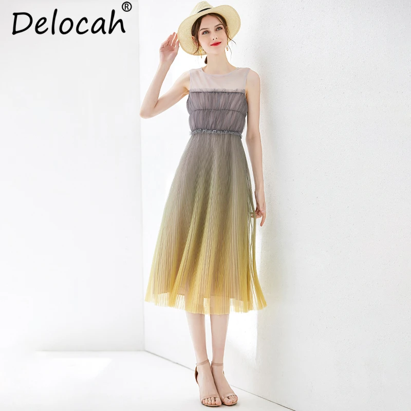 

Delocah 2019 Women Summer Dress Runway Fashion Sleeveless Collect Waist Elegant Casual Holiday Ladies Mesh Pleated Midi Dresses