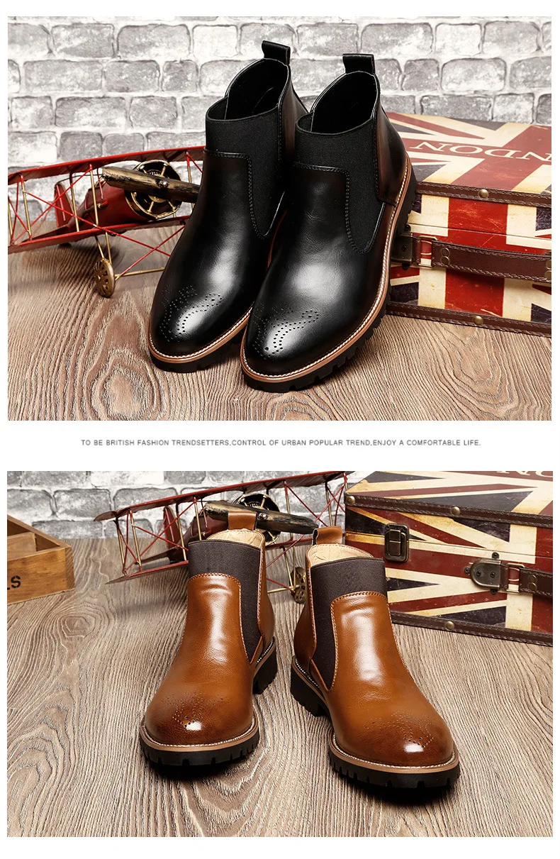 Мужские ботинки челси, британский стиль, модные ботильоны, черный/коричневый/красный броги, мягкая кожа, повседневная обувь, большой