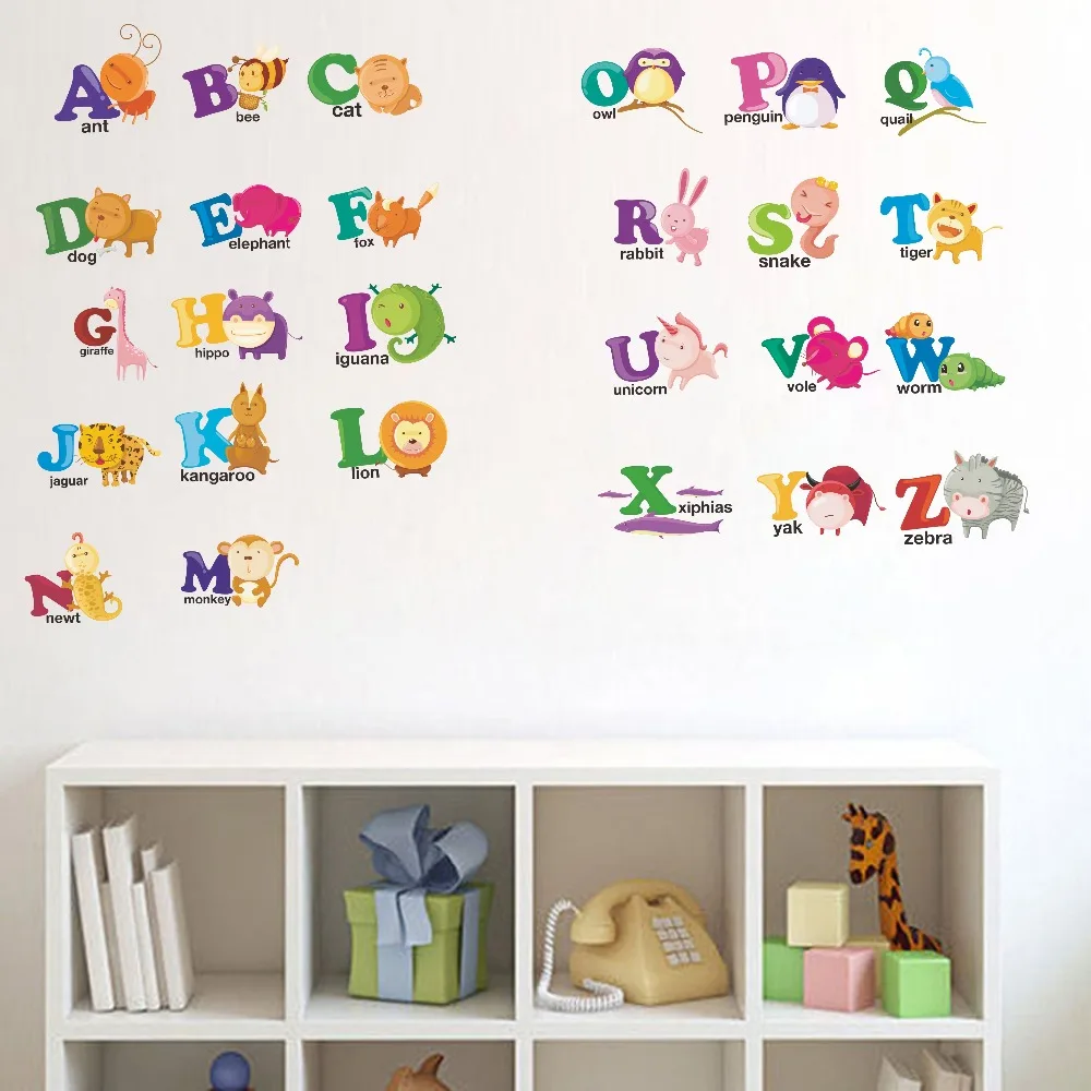 ABC Alphabets Teaching Cartoon Animal Art Decal For Kids Nursery Bedroom Vinyl Wall Sticker Home Decor Self Adhesive Wallpaper