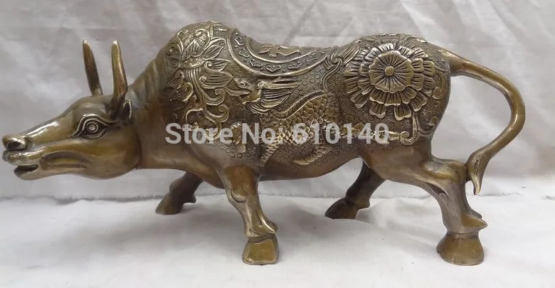 

13" Chinese Bronze Sculpture Wealth Cai Fu Dragon Kylin Strong Bull Ox Statue