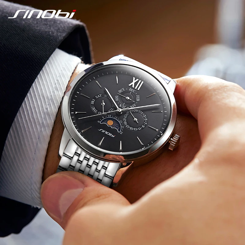 Новейшие Роскошные мужские часы Sinobi, мужские полностью Стальные наручные часы с кожаным ремешком, кварцевые деловые высококачественные повседневные часы
