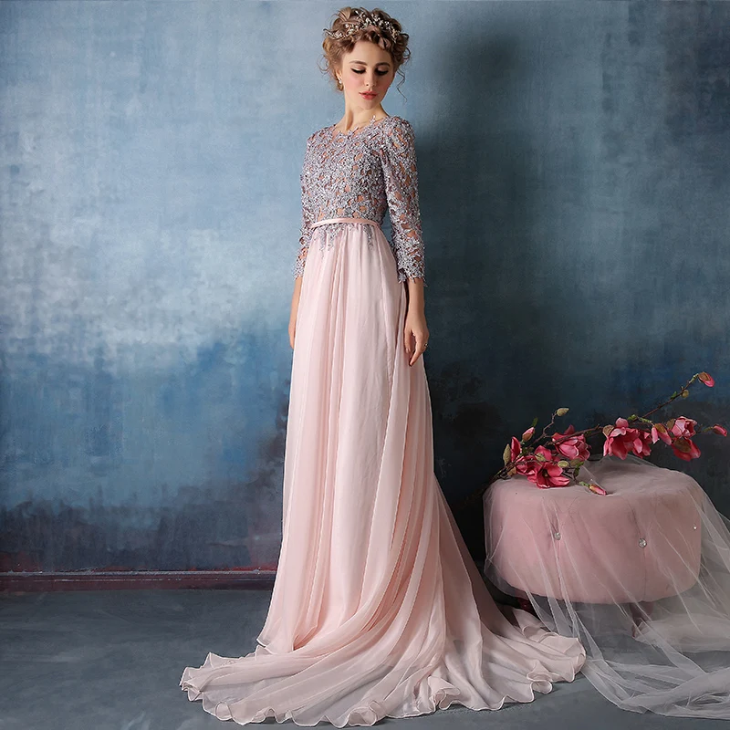 JaneVini, винтажное розовое длинное платье подружки невесты с 3/4 рукавами, шифоновое, расшитое бисером, блестками, кружевное, для женщин, для выпускного вечера, вечерние платья, Vestido Longos
