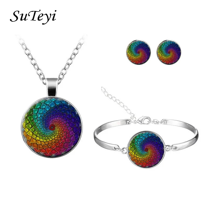 

SUTEYI Colors Geometric Flower Lotus Art Round Glass Pattern Jewelry Sets Classic Mandala Stud Earrings Bangle Necklace Sets