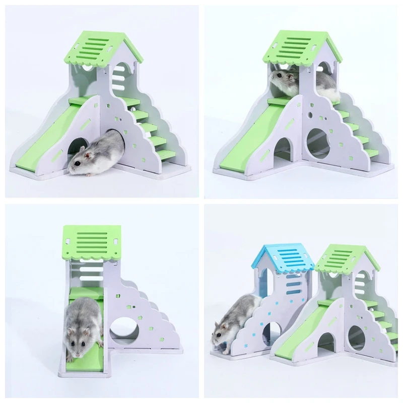Wooden House Guinea Pig Mice Stairs Cockloft Small Pet Playing Watching Stage Wooden Cages Hamster  (1)_