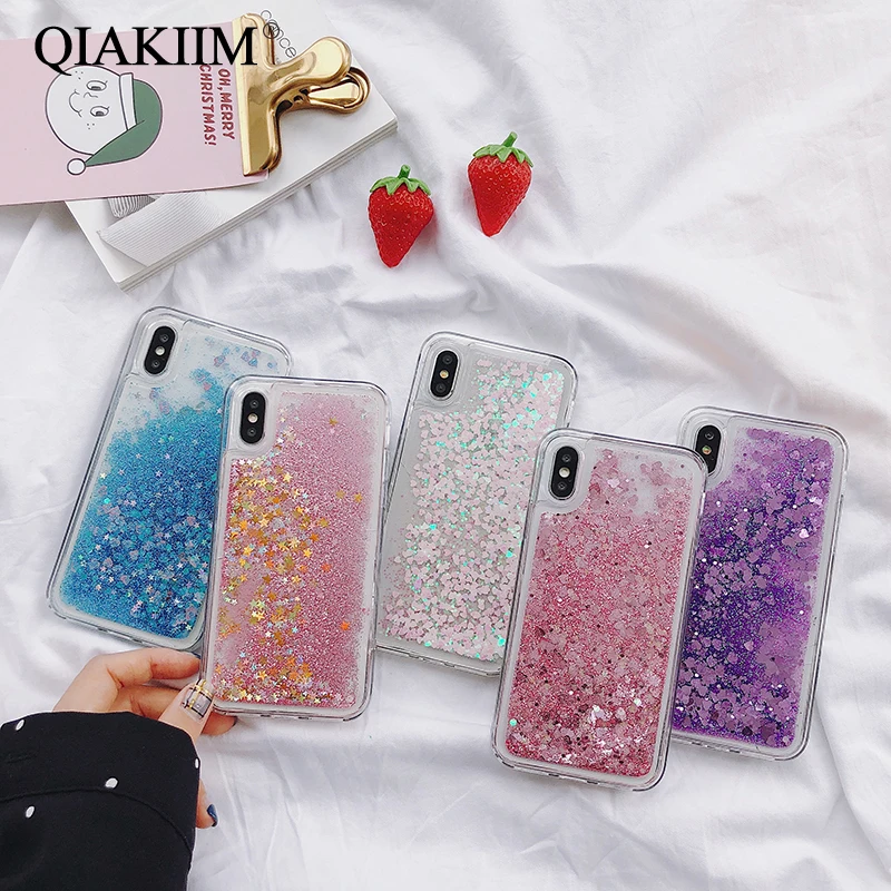 

Bling Sequins Cute Heart Liquid Phone Case For iphone X XR XS Max Glitter Quicksand Soft Cover For iphone 5 5S SE 6S 6 7 8 Plus