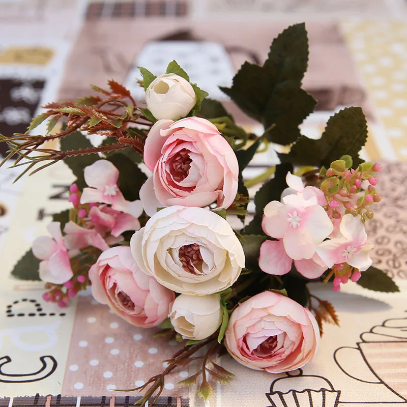 

Quality 6heads Silk tea roses Bride bouquet for Christmas home wedding new Year party decoration fake plants artificial flowers