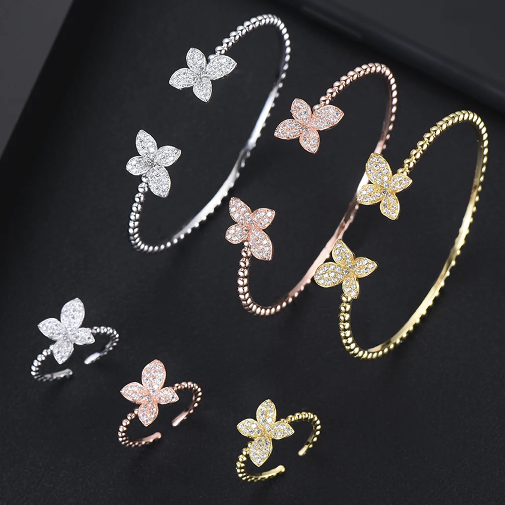 GODKI Luxury 3 Tone Flower Bangle Ring Sets Fashion Dubai Silver Bridal Jewelry Sets For Women Wedding brincos para as mulheres