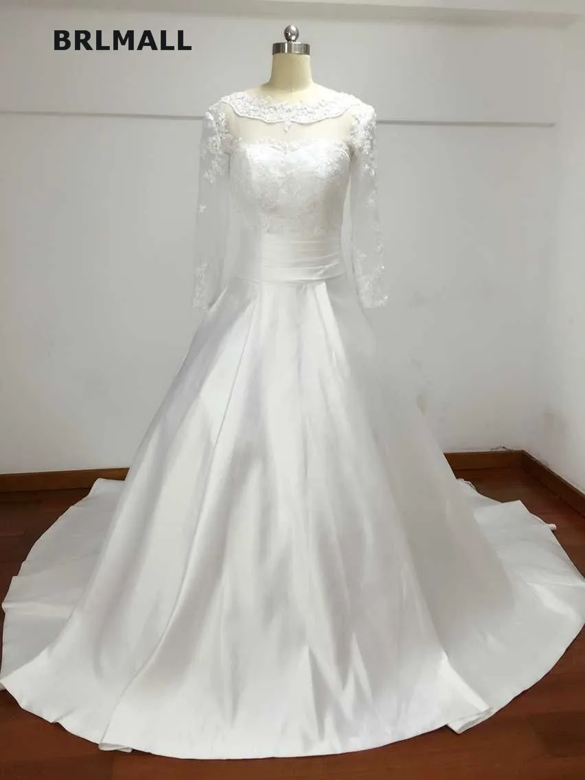 2019 Simple Ball Wedding Dresses Satin Lace Applique Bridal Gowns Custom Made Full Sleeve High Quality Real Picture Zipper | Свадьбы и