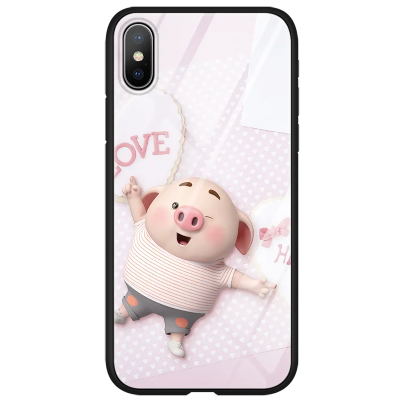 Luxury Tempered Glass Phone Case For iphone X 11 Pro XS Max XR 10 6 6S 7 8 Plus Pig Small Fart Cute Case For iphone XS Max Coque - Цвет: 0ztang