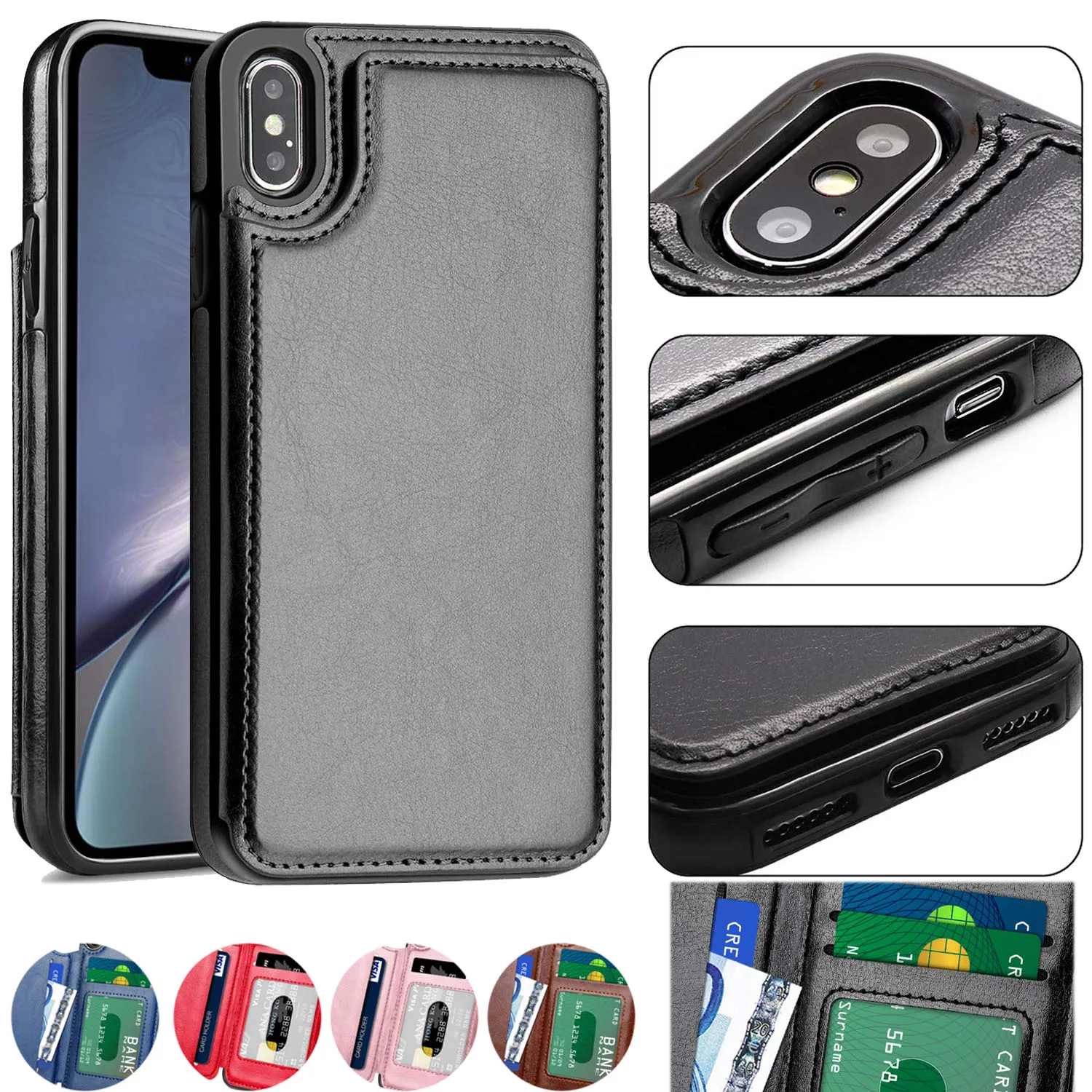 Для iPhone X Xs Xr XS Max ударопрочный чехол-бумажник из искусственной кожи с откидной