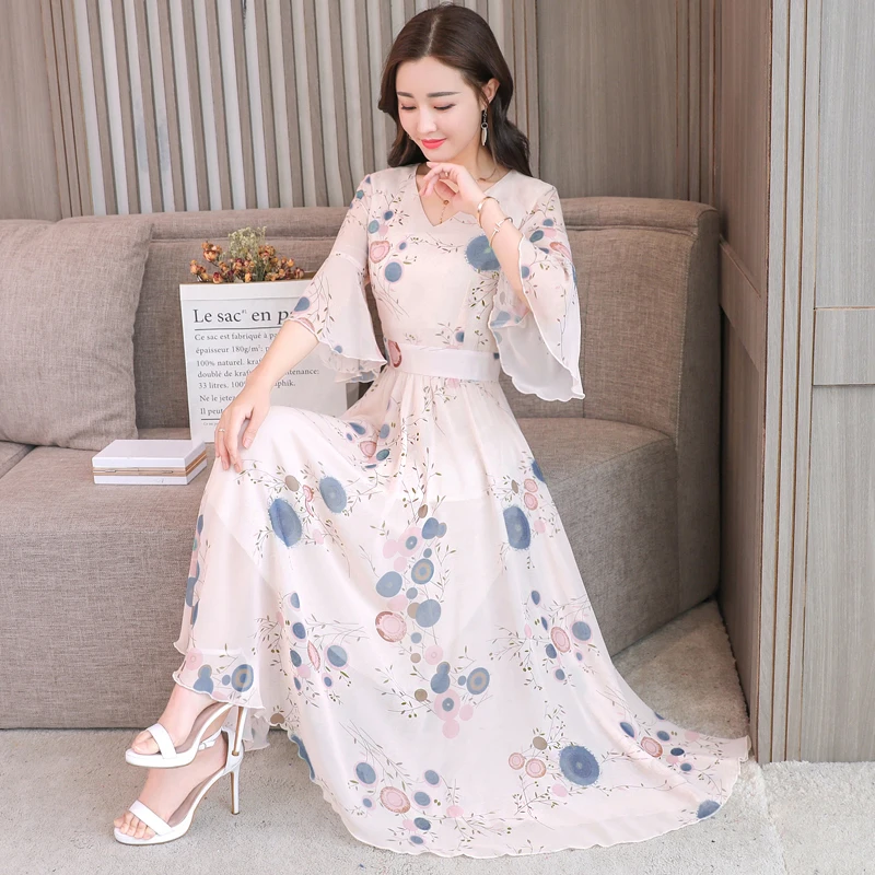 

2019 Summer New Arrival Plus Size Flare Sleeve V Collar Flower Printed Woman Chiffon Long Dress High Quality
