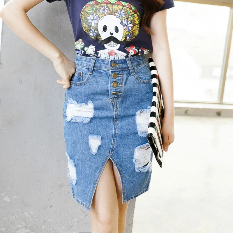 New Fashion Women Summer Skirts Denim Pencil Skirt Knee Length Empire