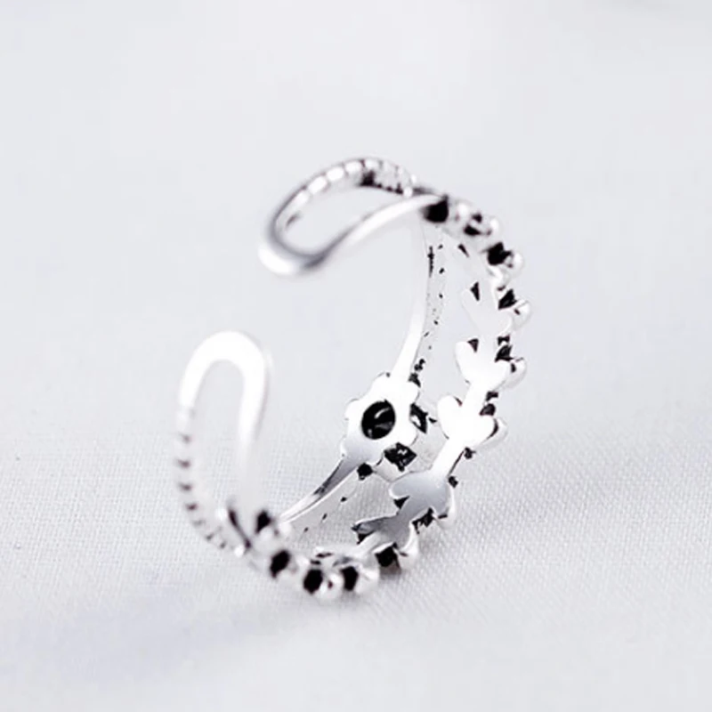 2018 New Arrival 1PC Open Silver Unique Men Party High Quality Adjustable Gifts Women Crystal Ring Leaf Graceful Obsidian