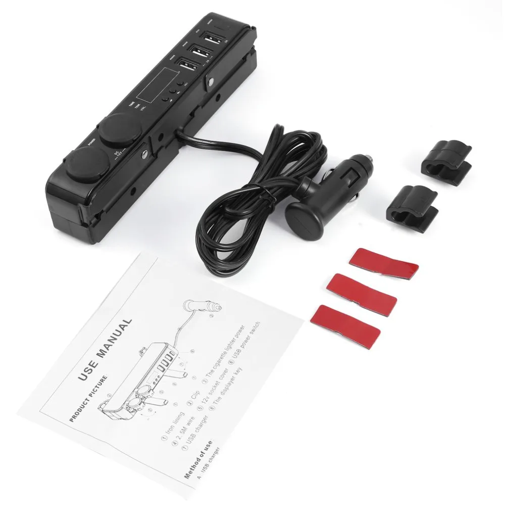 

Car USB Charger Universal 5V 3A Back Seat Headrest Mount 3 Port and 2x 12v Cigarette Lighter + Time Volt Temp LED Display