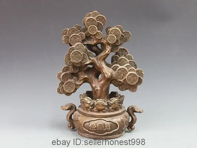 

15" China Bronze Copper Wealth money Tree Golden Toad Home Fengshui Statue 5.19