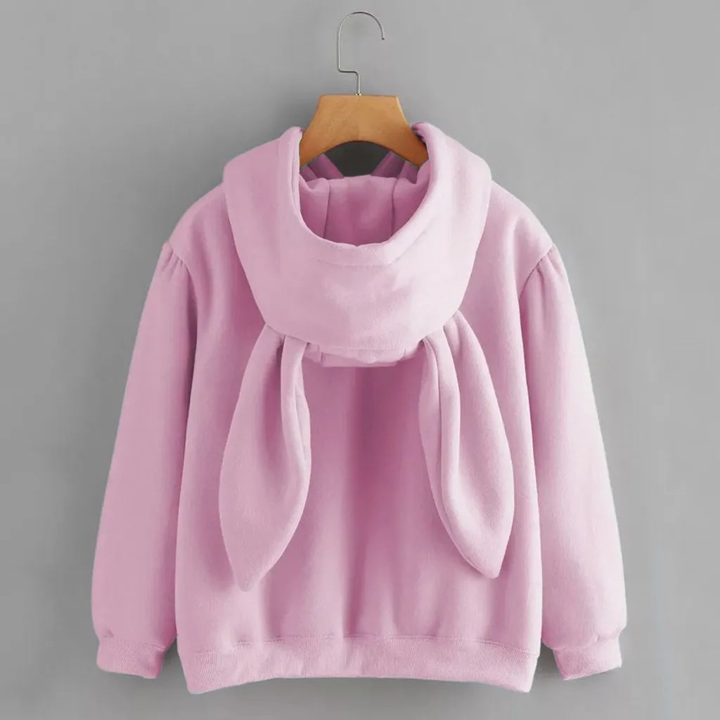 Hoodies Women Long Sleeve Soild Thick Winter Sweatshirt Yellow Pullover Tops Blouse Cute Rabbit Ears Pink Hoody Black Clothes#D