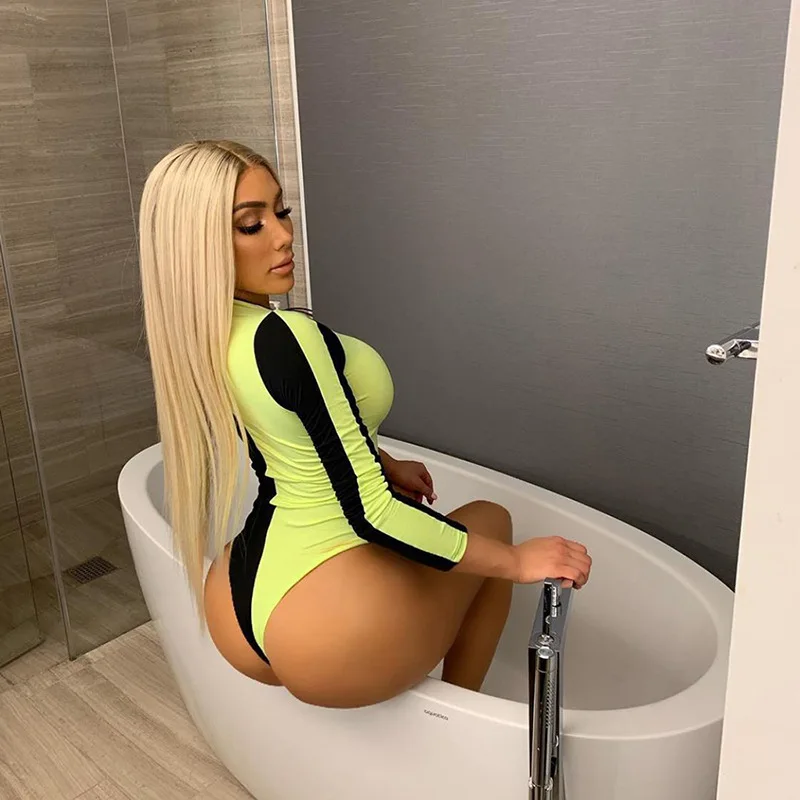 BOOFEENAA النيون اللون كتلة طويلة الأكمام ارتداءها ملابس حريمي 2019 الخريف الشارع الشهير البرتقال الأخضر قمم الهيئات موهير C87-I17