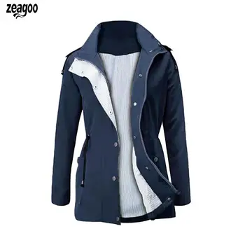 

Women Outdoor Rainproof Windproof Long Sleeve Hooded Zipper and Button Drawstring Windbreaker Casual, Coat Slim