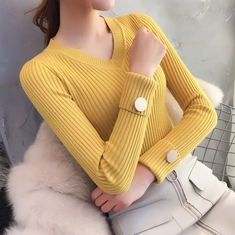 Осенний Женский трикотажный свитер Повседневный длинный рукав v-образный вырез однотонный тонкий пуловер корейский винтажный женский высокоэластичный джемпер