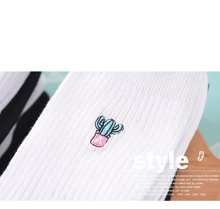 Корейские женские носки Харадзюку белого и черного цвета с вышивкой в виде кактуса и флага, meias, хлопчатобумажные забавные носки для девочек, Chaussette Femme