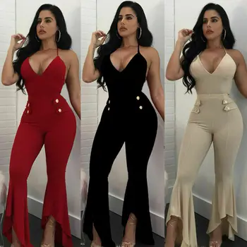 

New Ladies Women Fashion Casual Chic Summer Jumpsuit Deep V Neck Solid Jumpsuit Bodycon Trousers Party Clubwear