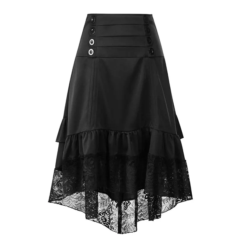 Пикантная юбка с кружевом, женская элегантная Асимметричная модная юбка с оборками и высокой талией, винтажная синяя Демисезонная женская черная Повседневная миди юбка - Цвет: Черный