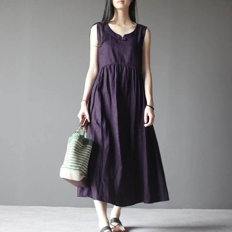 

Plus Size 2019 ZANZEA Women O Neck Sleeveless Cotton Linen Loose Casual Summer Dress Solid Baggy Beach Long Kaftan Vestido 5XL