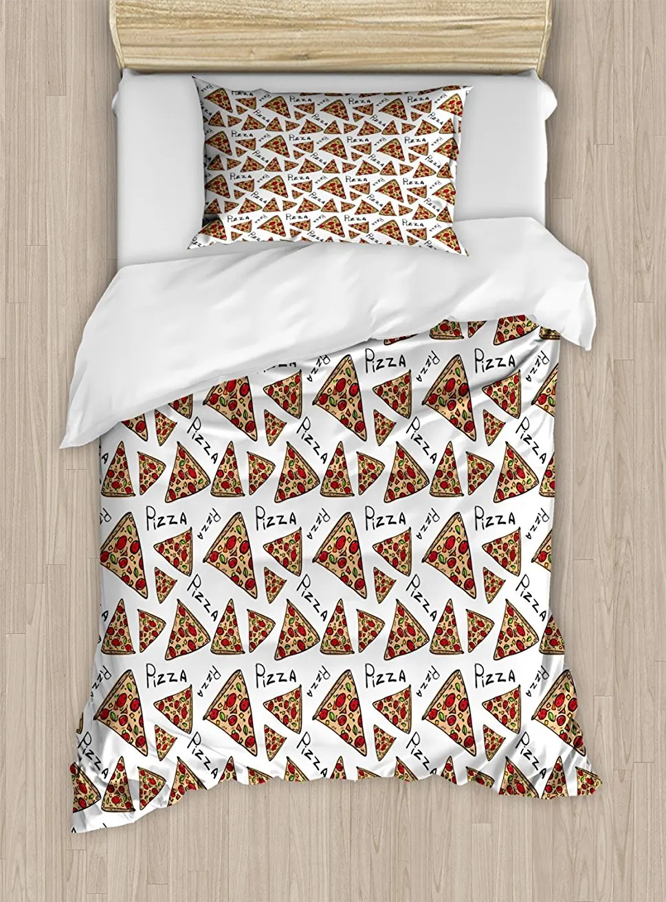 

Pizza Duvet Cover Set, Pattern in Hand Drawn Doodle Style Pizzeria Menu Fast Food Delicious Gourmet Eating 4 Piece Bedding Set