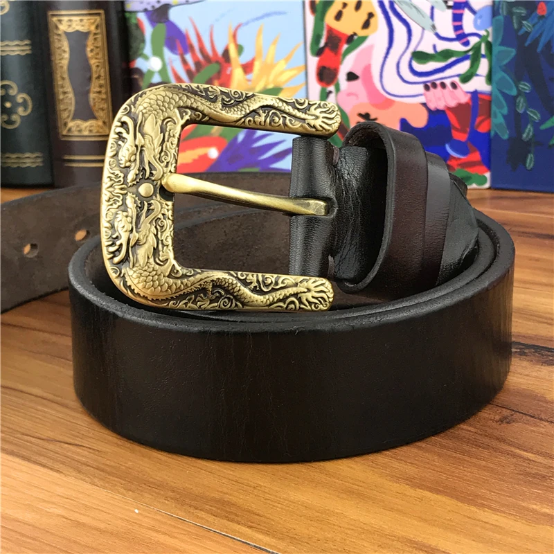 Genuine Leather Men Belt Designer Dragon V Buckle Cowboy Luxury Belts for  Men