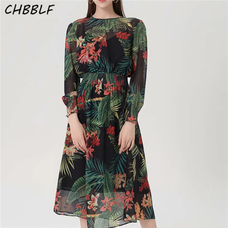

CHBBLF women stylish chiffon dress long sleeve O neck female leaves print two piece set dresses POP2145