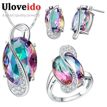 Uloveido 50% off Wedding Jewelry Sets for Women Brides Silver Plated Colored Stud Earrings Ring Necklace Bridal Jewelry Set T155