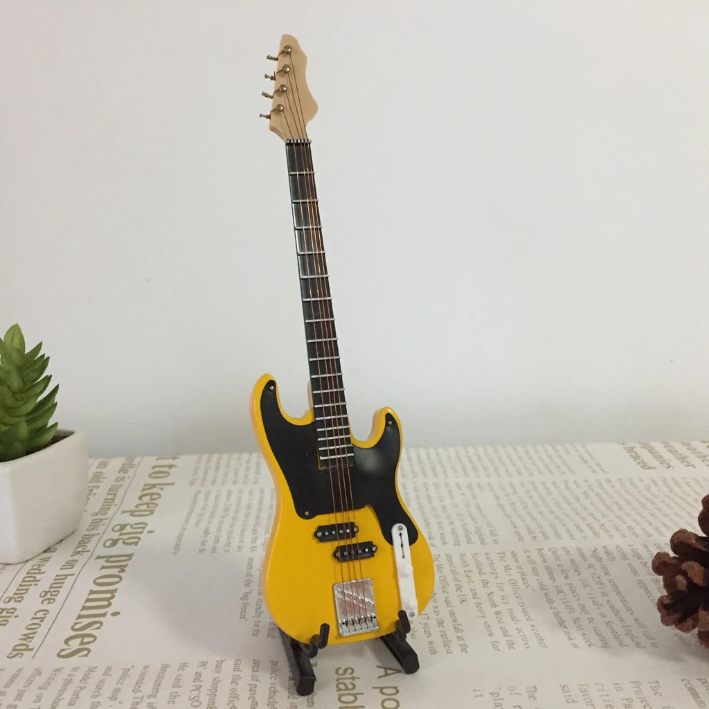 1/6 BJD Wooden Electric Bass Model with Stand and Strap Dolls House Miniature Display Decor Yellow