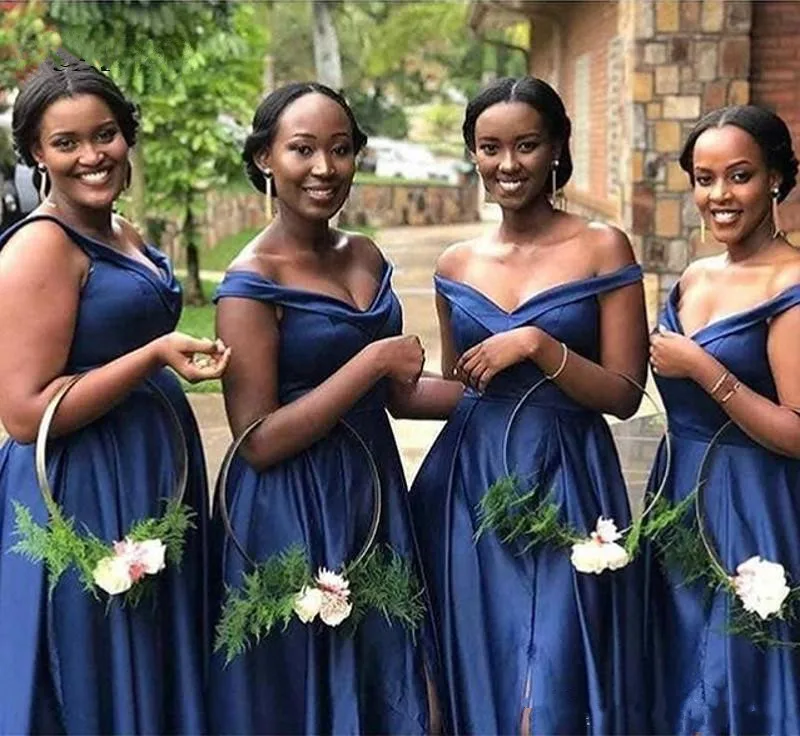 Африканский простой темно-синий Атлас с открытыми плечами Платья для подружек невесты Длинные вечерние свадебное платье SLD щелевая официальная одежда платья