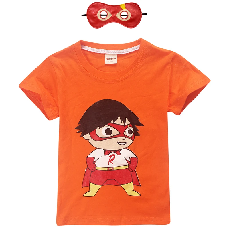 

New Ryan Toys Review Baby Boys T shirt Cartoon Print Striped 100%Cotton For Kids fortnight Clothing Girls Tops with Mask Clothes