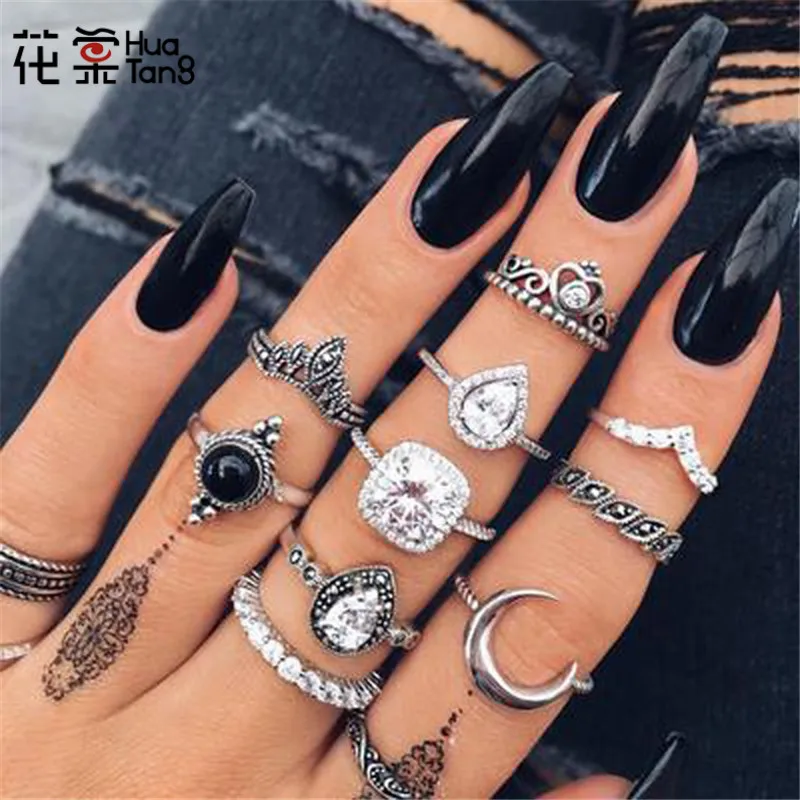 

HuaTang Trendy Vintage Antique Silver Ring Geometric Crystal Flower Carved Rings Knuckle Anillos Anel Rings Jewelry 6390