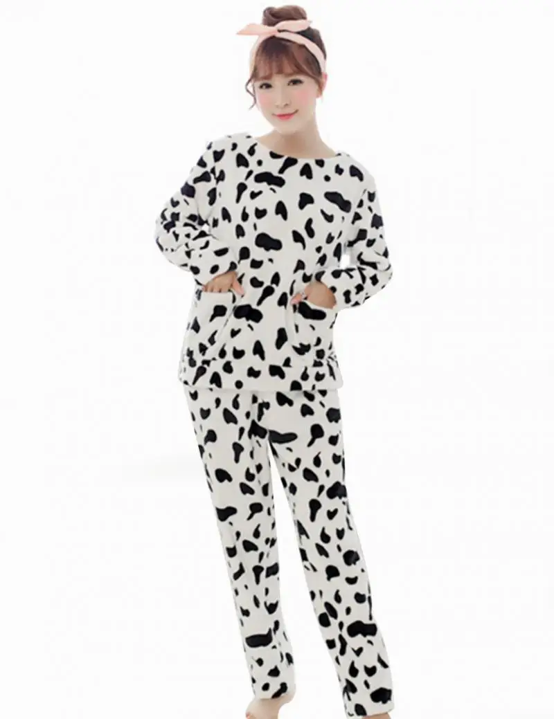 Autumn Winter Women Flannel Lovely Pajamas Sets Cow Style