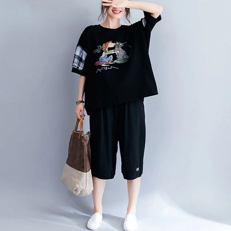 Летняя Хлопковая женская футболка размера плюс 5XL 6XL, Милая футболка в клетку с мультяшным принтом Kawaii, Женская свободная футболка - Цвет: Черный