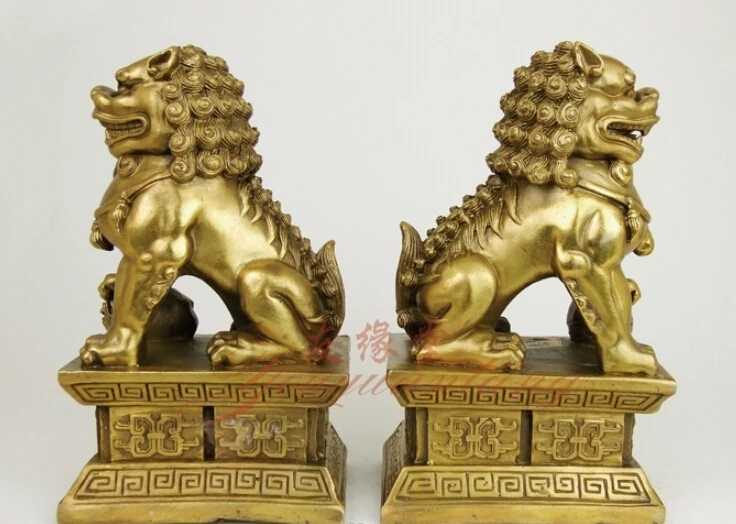 

China Feng shui Pure Brass Fu Foo Fog Lion Palace Door Statue Pair