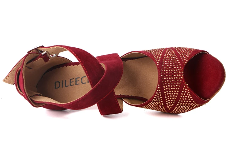 DILEECHI/Женская обувь с кристаллами для латинских танцев из красного флока; Обувь для бальных танцев; вечерние туфли для танго на высоком каблуке 10 см; обувь для сальсы на мягкой подошве