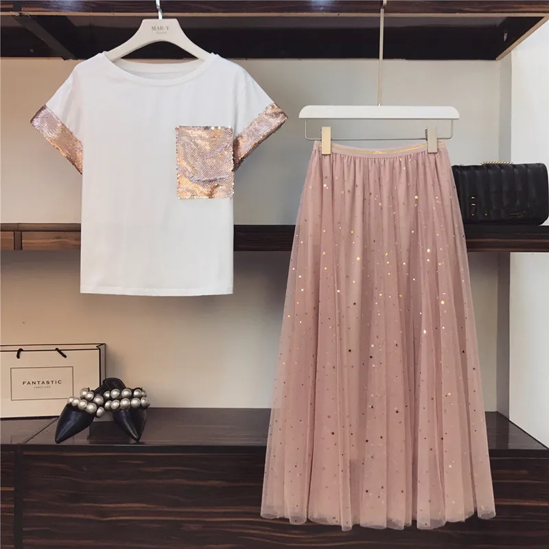 

CBAFU cute pink sequins mesh skirt suit summer women 2 piece set cotton T-shirt star sequin long skirt women's set girl set D459