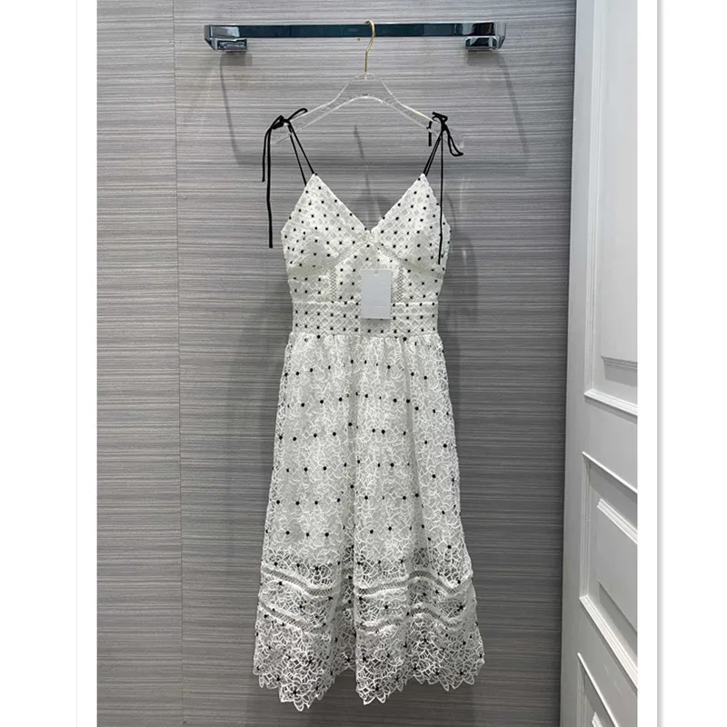 

Luxury Brand Designer Dress for Women Summer Sexy V Neck Spaghetti Strap Sleeveless Lace Embroidery Dress