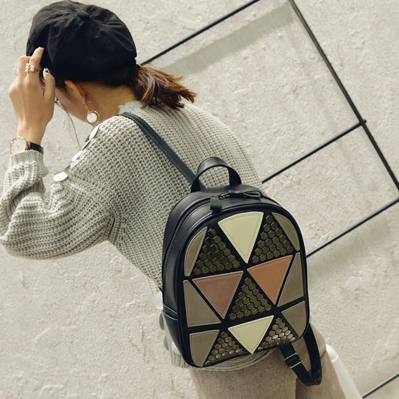 

Preppy Style Women Girls Backpack Geometric Patchwork 911B Travel School Bag Rucksack Rivet hit color backpack