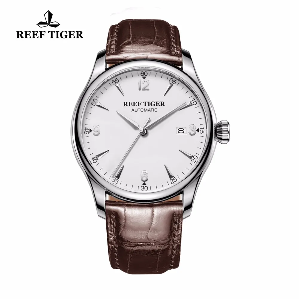 

Reef Tiger/RT Luxury Business Men Watches Steel Brown Leather Strap Watch Date Mechanical Analog Watches RGA823G