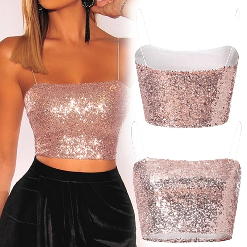 

Women Tight Chest-wrapped Vest Party Spaghetti Strap Crop Tops Glitter Top Sparkling Bead Sling Strapless Tops