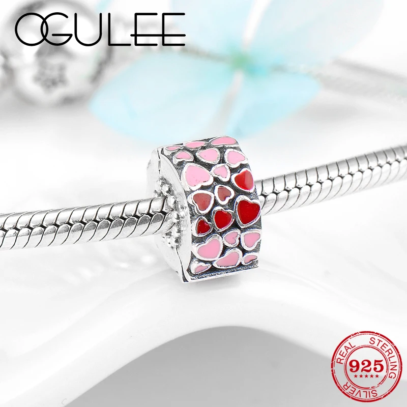 

Full of pink red Enamel sweet heart 925 Sterling Silver Fine clip beads Charm Fit Original Pandora Charm Bracelet Jewelry making