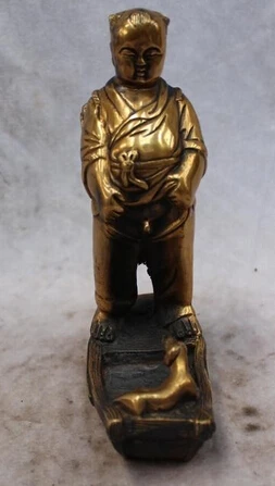 

xd 002758 7"Chinese Folk Purple Bronze carved eximous Lucky Dog Boy Statue