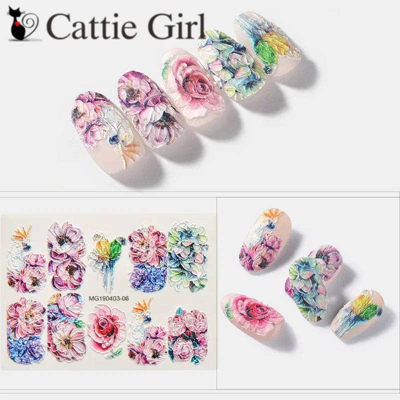 

1 Sheet Flamingo 3D Nail Sticker Acrylic Engraved Flowers Gel Nails Stickers Water Decal with UV Gel for DIY Nails Decorations