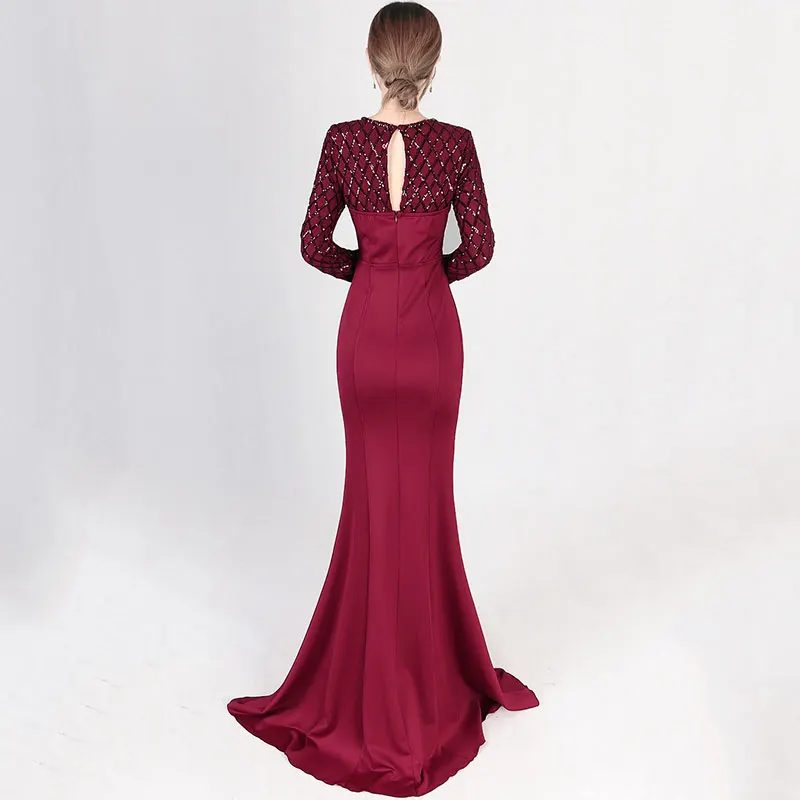 Элегантные Роскошные вечерние платья цвета красного вина с круглым вырезом и длинным рукавом в клетку с блестками, Клубное платье, сексуальное длинное платье русалки, женские вечерние платья