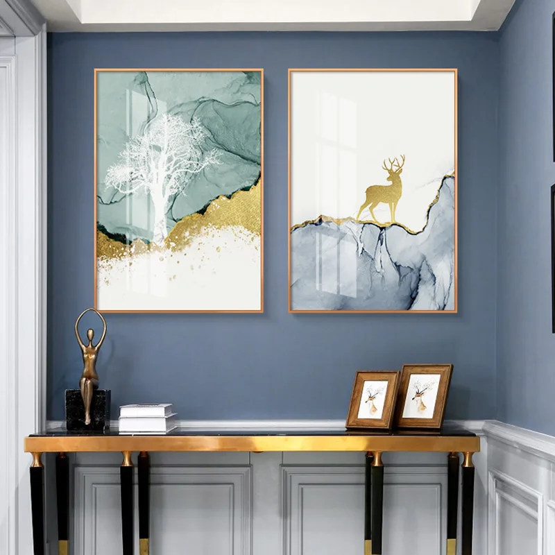 Abstract Painting Deer Forest Canvas Geometric Mountain Wall Paintings Animal Wall Art Canvas Pictures For Living Room Unframed