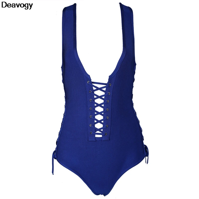 Deavogy 2017 New Women Hollow out Bandage Bodycon Black Bodysuit Bikini